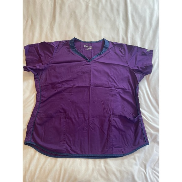 Butter-Soft Stretch Tops - Butter-Soft Stretch Womens Scrub Top 2X Plum Purple Navy Trim V-Neck Pockets